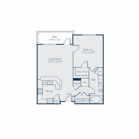 Floor plan for 1 bed, 1 bath, 855 sqft